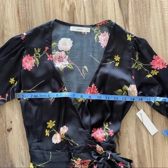 Revolve Capulet Nadine Black Floral Satin Flutter Hem Short Sleeve Wrap Dresss - Picture 6 of 7